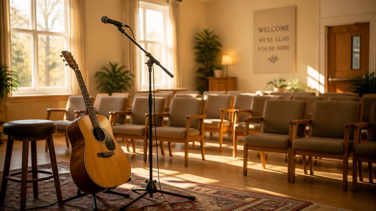 Acoustic guitar and microphone set up for a live performance